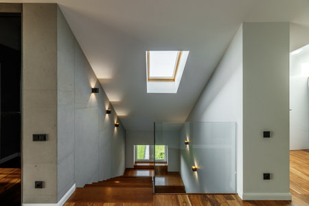 Image of stylish staircase in bright house interior.の写真素材
