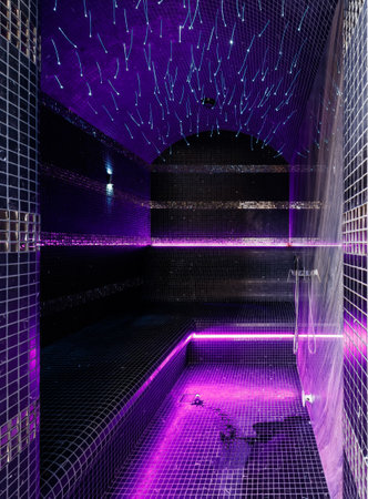 Hammam interior. Shelf, a violet backlit bench.の写真素材