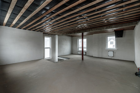 Repairs in the building. Building with a metal staircase at the time of renovation. Construction site in the house without people. Construction of a new house. construction and architecture.の写真素材
