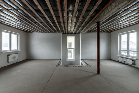 Repairs in the building. Building with a metal staircase at the time of renovation. Construction site in the house without people. Construction of a new house. construction and architecture.の写真素材