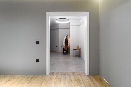 Chrome handle with keyhole on white door with panels in frames. Entrance. Close-up photo of architecture detail.の写真素材