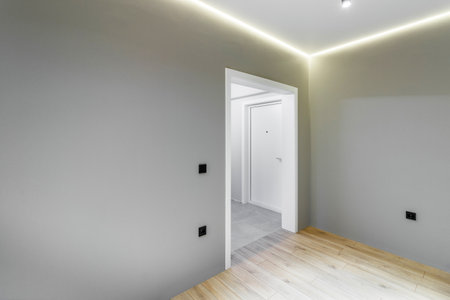 Chrome handle with keyhole on white door with panels in frames. Entrance. Close-up photo of architecture detail.の写真素材