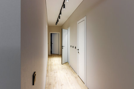 Chrome handle with keyhole on white door with panels in frames. Entrance. Close-up photo of architecture detail.の写真素材