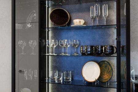 Modern glass kitchen cabinet for crystal glasses with yellow warm backlight.の写真素材