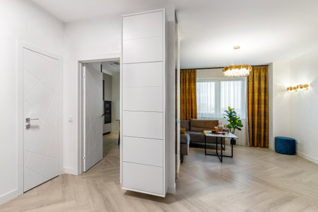 Entrance to a bright modern apartment with a large blue fresco on the wall.の写真素材