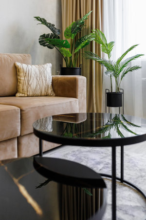Details of the interior of the modern living room with black glossy coffee tables in the foregroundの写真素材
