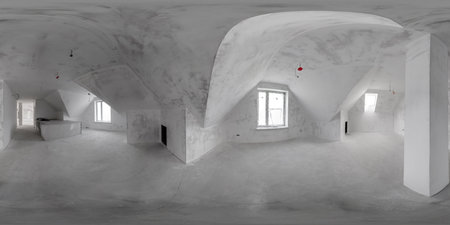 full seamless spherical hdri 360 panorama white empty room in the attic floor after putting the walls equirectangular projection, AR VR content.の写真素材