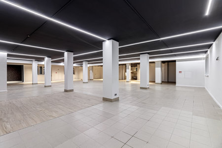 A large empty room with ceramic tiles on the floor, a black ceiling with lighting and columns propagating the ceiling.の写真素材