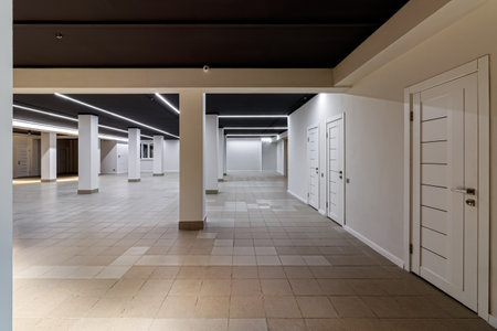 A large empty room with ceramic tiles on the floor, a black ceiling with lighting and columns propagating the ceiling.の写真素材
