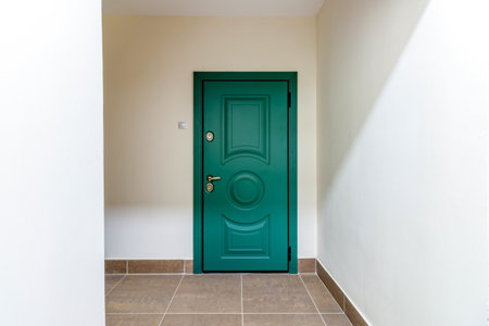Entrance to the apartment with a modern green door.の写真素材