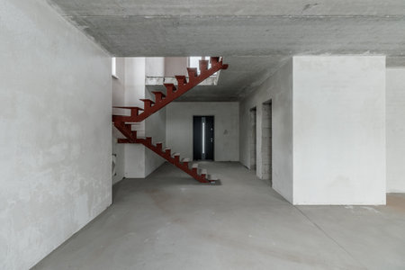 Repairs in the building. Building with a metal staircase at the time of renovation. Construction site in the house without people. Construction of a new house. construction and architecture.の写真素材
