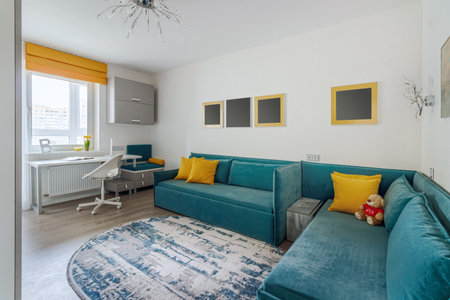Stylish teenager's room interior with comfortable bed and workplace.の写真素材