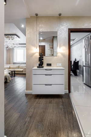 View of the living room and corridor in the modern apartment from the hallway.の写真素材