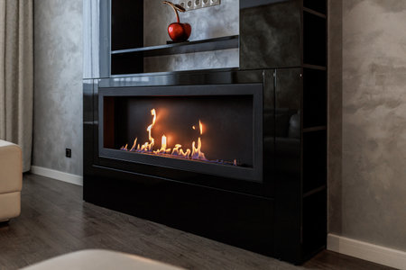 Bio Fireplace burn on ethanol gas. Contemporary mount biofuel on ethanol fireplace fireplace. Modern smart ecological alternative technologies. Interior design of a house insideの写真素材