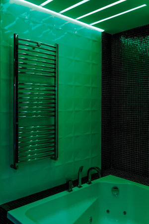Modern bathroom with freestanding bathtub, modern taps and green LED ambient lighting.の写真素材