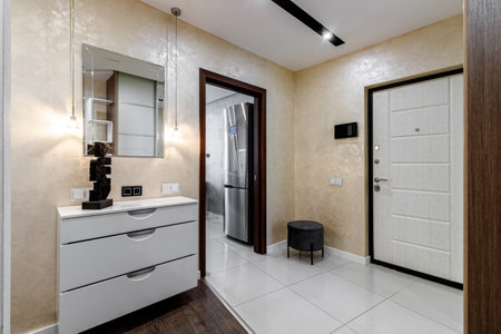 Entrance hall in the apartment with a large wardrobe with a mirror, soft pouf and other furniture.の写真素材