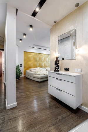 View of the living room and corridor in the modern apartment from the hallwayの写真素材