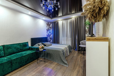 Modern interior of the room with bed, green sofa, black glossy ceiling.の写真素材