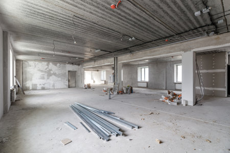 Spacious empty rooms in the attic floor after filling out the work on the wall and ceiling.の写真素材