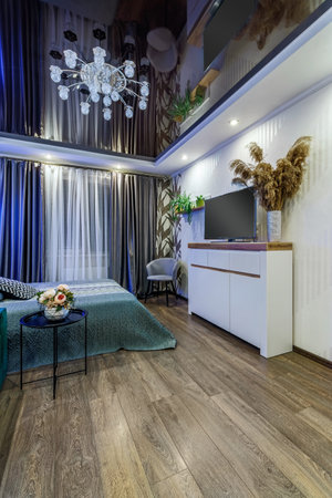 Modern room with TV bed, glossy black ceiling and Bouquet of dry grass.の写真素材