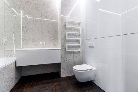 A luxurious interior in the bathroom with a bathroom, a shower on a shelf and a walk in the shower. White marble and dark brown floor. White cranes and plumbing.の写真素材
