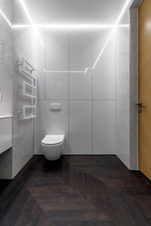A luxurious interior in the bathroom with a bathroom, a shower on a shelf and a walk in the shower. White marble and dark brown floor. White cranes and plumbing.の写真素材