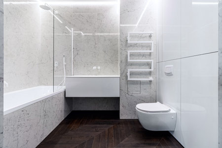 A luxurious interior in the bathroom with a bathroom, a shower on a shelf and a walk in the shower. White marble and dark brown floor. White cranes and plumbing.の写真素材