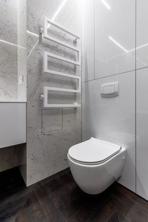A luxurious interior in the bathroom with a bathroom, a shower on a shelf and a walk in the shower. White marble and dark brown floor. White cranes and plumbing.の写真素材