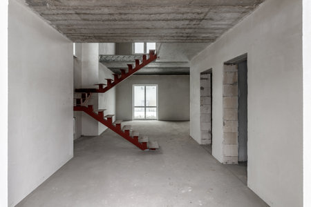 Repairs in the building. Building with a metal staircase at the time of renovation. Construction site in the house without people. Construction of a new house. construction and architecture.の写真素材