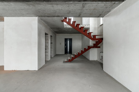 Repairs in the building. Building with a metal staircase at the time of renovation. Construction site in the house without people. Construction of a new house. construction and architecture.の写真素材
