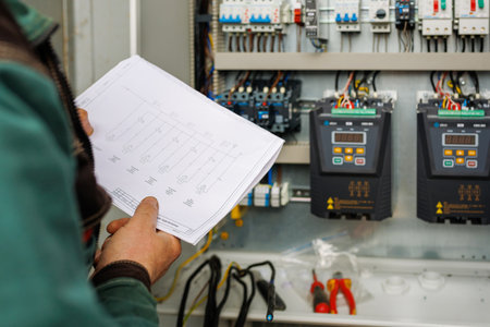 Close up hand of engineer or electrician man working check the electrical system with tablet at factory.の写真素材