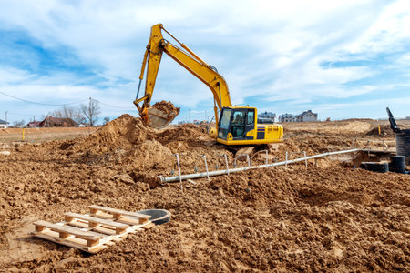 Excavator dig the trenches at a construction site. Trench for laying external sewer pipes. Sewage drainage system for a multi-story building. Digging the pit foundation.の写真素材