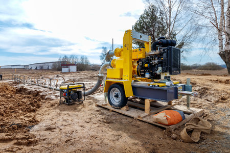 Dewatering works. Pump for pumping water outdoorsの写真素材