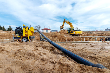 Excavator dig the trenches at a construction site. Trench for laying external sewer pipes. Sewage drainage system for a multi-story building. Digging the pit foundation.の写真素材