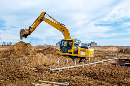Excavator dig the trenches at a construction site. Trench for laying external sewer pipes. Sewage drainage system for a multi-story building. Digging the pit foundation.の写真素材