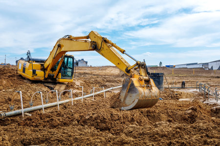 Excavator dig the trenches at a construction site. Trench for laying external sewer pipes. Sewage drainage system for a multi-story building. Digging the pit foundation.の写真素材