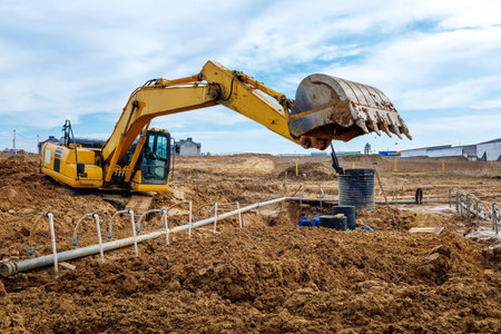 Excavator dig the trenches at a construction site. Trench for laying external sewer pipes. Sewage drainage system for a multi-story building. Digging the pit foundation.の写真素材