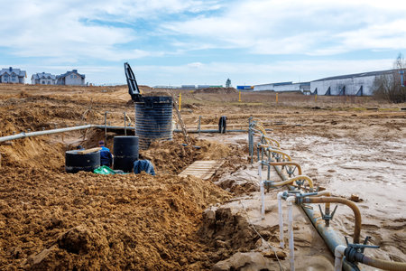 Works on the installation of a dewatering system in the open air with a pump.の写真素材