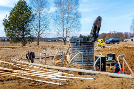 Works on the installation of a dewatering system in the open air with a pump.の写真素材