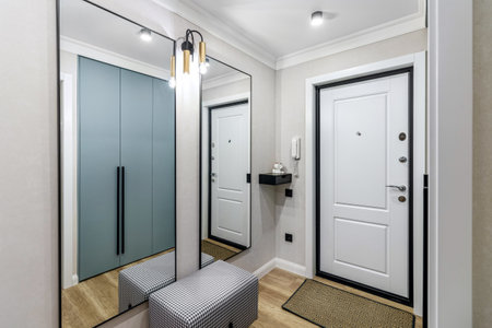 White entrance door in a modern renovated hallway with large mirrors and wardrobe.の写真素材