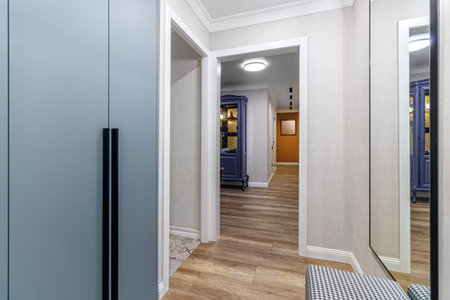 View of the long corridor in the modern apartment from the hallway with large mirrors and wardrobe.の写真素材