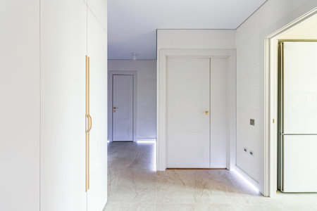 Modern entrance hall in light colors with interior doors in white and gold.の写真素材