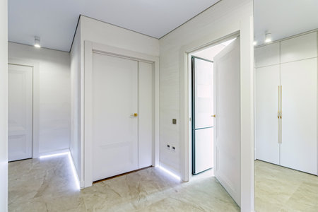 Modern entrance hall in light colors with interior doors in white and gold.の写真素材