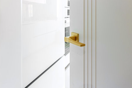 Classic style white door. Opened white door to the bathroom. Classic white door with golden handle. close-up.の写真素材
