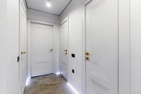 Modern entrance hall in light colors with interior doors in white and gold.の写真素材