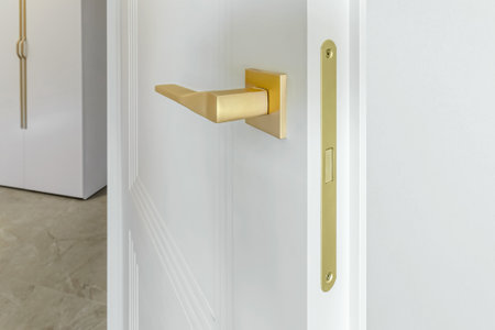 Classic style white door. Opened white door to the bathroom. Classic white door with golden handle. close-up.の写真素材