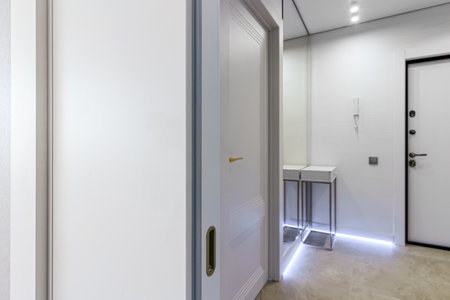 Modern entrance hall in light colors with interior doors in white and gold.の写真素材
