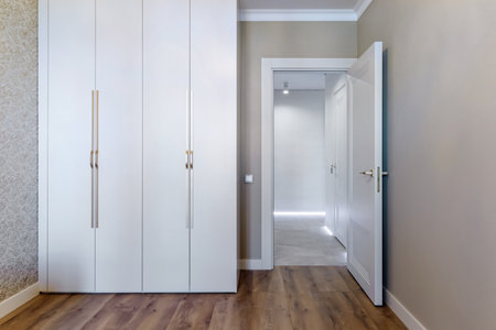 Neutral white apartment indoor room with wooden floor, door to corridor, sliding wardrobe and empty wall for negative space. Natural light empty house room.の写真素材
