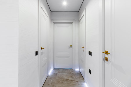 Modern entrance hall in light colors with interior doors in white and gold.の写真素材