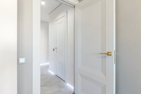 Classic style white door. Opened white door to the bathroom. Classic white door with golden handle. close-up.の写真素材